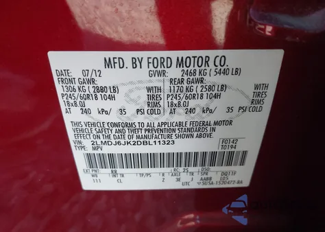 2013 Lincoln Mkx z USA, uszkodzony, nr VIN 2LMDJ6JK2DBL11323